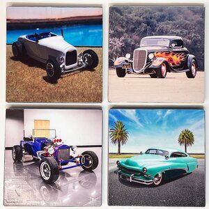Hot Rod Drink Coasters Set of 4 Handmade in USA on Wood and Sealed to Protect